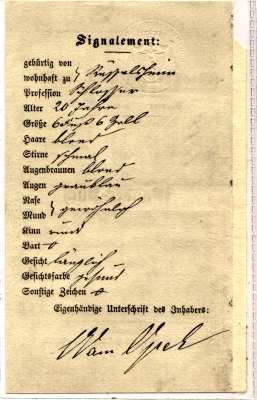 Faksimil Wandergesellenausweis 1857 von Adam Opel Seite2